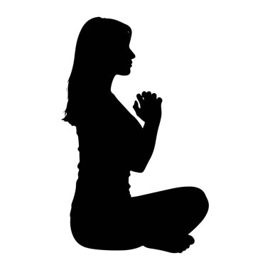 Bir kadının siyah silueti, profilden sola dönük bir şekilde oturarak tasvir edilir. Bacak bacak üstüne atmış ve elleri göğsünün önünde birbirine kenetlenmiş. Bu da bir dua ya da meditasyon jesti olduğunu gösteriyor. Siluet bir deliğe karşı çok net.