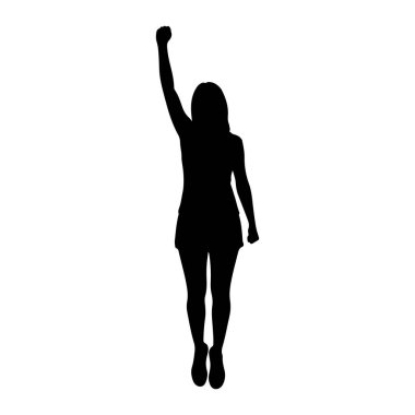 Siyah bir kadın silueti beyaz bir arkaplanda duruyor. Sağ kolu kafasının üstüne kaldırılmış ve yumruğunu sıkmış. Sol kolu gevşek bir şekilde yanında asılı duruyor. Şort giyiyor ve hareket halinde gibi görünüyor, muhtemelen atlıyor ya da kutlama yapıyor.