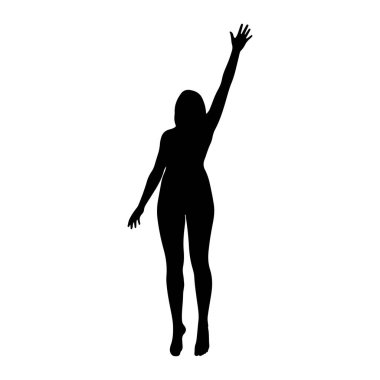 Sağ kolu başının üstünde dikilen siyah bir kadın silueti. Sol kolu dirseğinden bükülmüş ve yana doğru uzanıyor. Siluet beyaz bir arkaplanda izole edilmiş..