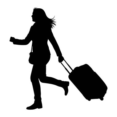 Tekerlekli bavulla koşan bir kadının siyah silueti. O bir ceket ve bir çapraz ceset torbası giyiyor. O hareket ederken saçları arkasından akıyor. Resim beyaz bir arkaplanda izole edilmiştir.