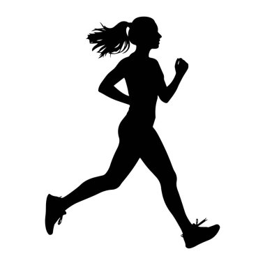 Profilde siyah bir siluet kadın, saçları at kuyruğu ile koşuyor. Vücudu hareket ediyor, bir bacağı önde, diğeri arkada, kolları bükük ve sallanıyor. O, atletik ayakkabılar giyiyor. Arkaplan düz beyaz.