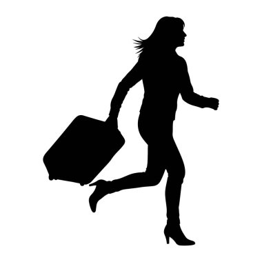 Elinde bavulla koşan siyah bir kadın silueti tasvir ediliyor. Profilde, saçları arkasında dalgalanırken görülüyor. Vücudu hareket ediyor, bir bacağı öne doğru uzanıyor ve diğeri de dizine doğru eğiliyor. Yüksek topuklu çizmeler giyiyor ve...