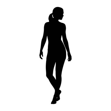 Ayakta duran ve yana bakan siyah bir kadın silueti. Saçını at kuyruğuyla arkaya çekti ve kolları yanlarından gevşedi. Bacakları hafifçe çaprazlanmış, bir ayağı diğerinin önünde. Arkaplan düz beyaz.