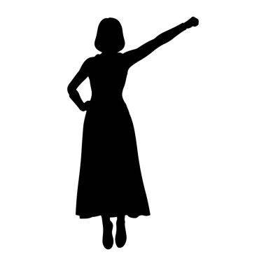 Sol kolu havada ve yumruğunu sıkmış siyah bir kadın silueti. Sağ eli kalçasının üstünde. O uzun, dalgalı bir elbise giyiyor. Arkaplan düz beyaz.