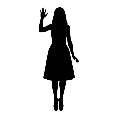 Ayakta duran ve sağ elini sallayan siyah bir kadın silueti. O, bel ve bale ayakkabıları dışında parlayan bir elbise giyiyor. Arkaplan beyaz.