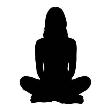 Elleri bağdaş kurmuş, elleri kucağında oturan siyah bir kadın silueti. Saçları omuz hizasında ve sırtı düz. Arkaplan bembeyaz, koyu renk figürle tam bir kontrast oluşturuyor..