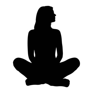 Yan tarafından bakıldığında çapraz bacaklı bir pozisyonda oturan siyah bir kadın silueti. Kafası sağa dönük ve ifadesi sakin ve derin düşüncelere dalmış. Arkaplan düz beyaz.