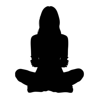 Bacak bacak üstüne atmış bir kadının siyah silueti. Kollarını önünde kavuşturmuş. Arka plan beyaz. Silüet temiz ve keskin. Vücudunun dış hatları ve saçlarından başka görünür bir detay yok..