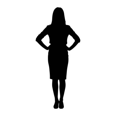 Elleri kalçasında duran siyah siluet bir kadın. O bir bluz ve etek giyiyor. Arkaplan beyaz.