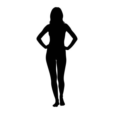Elleri kalçasında duran siyah siluet bir kadın. Onun omuz hizasında saçları var ve ileriye bakıyor. Arkaplan düz beyaz.