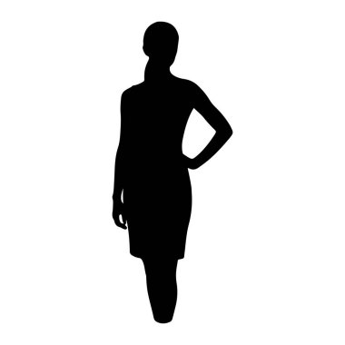 Sol eli kalçasında duran siyah bir kadın silueti. O, dizlerine kadar uzanan kolsuz bir elbise giyiyor. Siluet beyaz bir arkaplanda izole edilmiş..