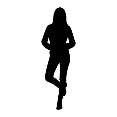 Sol bacağı sağ bacağının üzerinde çapraz duran bir kadının tam vücut silueti. Günlük kıyafetler giyiyor, kot pantolon ve ceket de dahil olmak üzere. Silüet, düz beyaz bir arkaplana karşı koyu siyah, figürü izole ediyor.