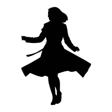 Siyah bir kadın silueti kıvrılırken yakalanıyor, uzun paltosu dışarı doğru parlıyor. Kolları açık ve vücudu açılı bir şekilde tasvir edilmiş, dinamik bir hareket ve neşeli bir terk edilme hissi uyandırıyor. Siluet bir düzlükte izole edilmiş.