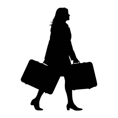 İki bavul taşıyan, soldan sağa doğru yürüyen siyah bir kadın silueti. O bir ceket ve topuklu ayakkabılar giyiyor. Arkaplan beyaz.