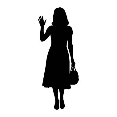 Ayakta duran ve sağ elini sallayan siyah bir kadın silueti. O bir elbise giyiyor ve sol elinde yuvarlak bir çanta tutuyor. Arkaplan beyaz.