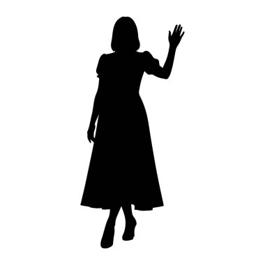 Ayakta duran ve el sallayan siyah bir kadın silueti. O uzun, kabarık kollu ve yüksek topuklu bir elbise giyiyor. Arkaplan beyaz.