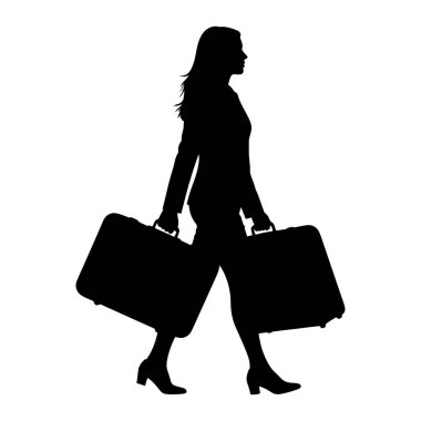 Profilde siyah siluet bir kadın, soldan sağa yürüyor. O bir takım elbise ve yüksek topuklu ayakkabı giyiyor. Her iki elinde de birer bavul taşıyor. Arkaplan düz beyaz.