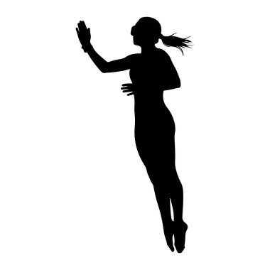 Sanal gerçeklik kulaklığı takan bir kadının siyah silueti beyaz arka planda tasvir edilir. Dinamik bir duruşta, sanki havada süzülüyor ya da zıplıyor gibi, bir kolu ileri doğru uzanmış ve eli bir şeye uzanıyormuş gibi açık. İşte burada.