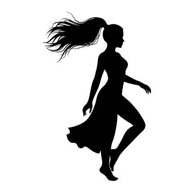Profilde siyah siluet bir kadın, sağa bakıyor. Uzun, dalgalı saçları, dinamik ve rüzgârlı olarak tasvir edilen yüksek bir at kuyruğu şeklinde bağlanmış. Uzun, zarif bir elbise giyiyor ve bacakları parlıyor. Vücudu hareket ediyor, bir tanesiyle.