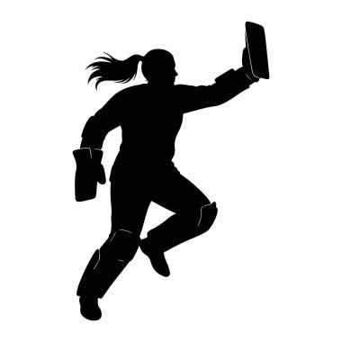 Hareket halindeki bir atletin siyah silueti sağ kolu yukarı doğru uzanmış ve dikdörtgen bir nesne tutuyor. Atlet kollarına ve bacaklarına koruyucu giysiler giyiyor ve saçları at kuyruğu şeklinde bağlanmış. Arka plan...