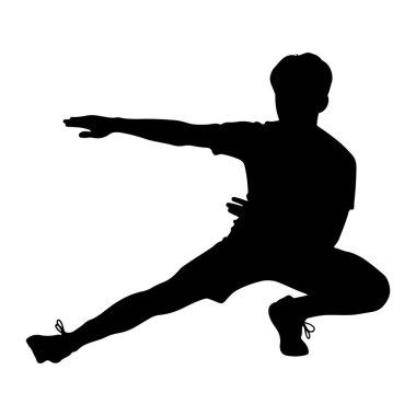 Siyah bir siluet atletik bir poz vermiş, kollarını yanlara doğru uzatıyor. Kişi, bir bacağını öne uzatmış ve diğerini bükmüş bir şekilde alçakta duruyor. Siluet beyaz arkaplana karşı..