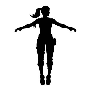 Kolları açık ve at kuyruklu atletik bir kadının siyah silueti. Kemer takılı pantolon giyiyor ve dinamik bir pozisyonda gibi görünüyor, muhtemelen atlıyor ya da hareket halinde. Resim beyaz bir arkaplanda izole edilmiştir.