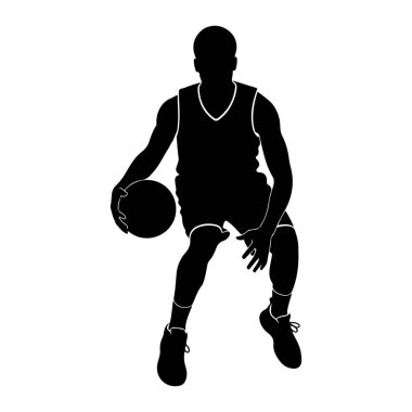 Basketbol forması giyen bir kişinin siyah silueti top sürerken resmedilir. Şekil dinamik bir pozla gösterilir, bir dizi bükülür ve diğer bacağı uzatılır, bu da hareket ve eylemi gösterir. Basketbol topu cesedin yanında duruyor.,