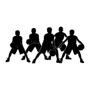 Siyah bir siluet grafiği dinamik pozlarda beş genç basketbolcuyu resmediyor. Bazı oyuncularla birlikte top sürerken ve onları tutarken gösteriliyorlar. Rakamlar şort ve spor ayakkabı giyiyorlar, bu da açık hava oyunu veya prac olduğunu gösteriyor.