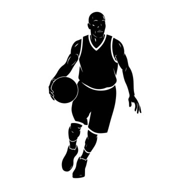 Bir erkek basketbolcunun siyah silueti, top sürerken hareket halinde tasvir edilir. O, forma ve şorttan oluşan bir basketbol forması giyiyor. Şekil belden aşağısı, bir bacağı bükülmüş, diğeri ise h olarak genişletilmiş.