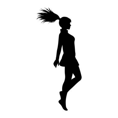 Saçları rüzgârda savrulan at kuyruğuyla bağlanmış siyah bir kadın silueti. O bir elbise ya da etek giyiyor ve hareket ediyor gibi görünüyor, muhtemelen atlıyor ya da dans ediyor. Silüet düz beyaz bir arkaplan üzerine kurulur.