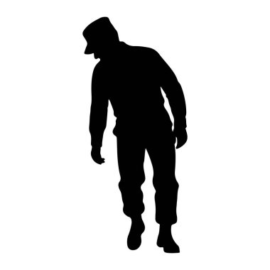 Şapka ve uzun kollu gömlek ve pantolon giyen bir adamın siyah silueti beyaz arka planda duruyor. Adam başı hafifçe aşağı eğilmiş ve kolları gevşek bir şekilde yana sarkmış bir şekilde tasvir ediliyor. Siluet koyu siyah bir şekil.