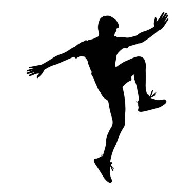 Atletik kıyafetli bir kişinin siyah silueti beyaz bir arkaplana karşı eylem sırasında yakalanır. Şekil, bir bacağı dizine doğru eğilmiş, yukarı doğru yükselmiş, diğer bacağı ise aşağı doğru uzanmış şekilde tasvir edilmiş, bu da bir atlama, koşma ya da dans hareketi olduğunu gösteriyor.