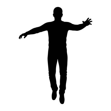 Katı bir siyah siluet beyaz bir arka plana karşı tasvir edilir. Kolları dışa doğru ve hafifçe yukarı doğru, elleri açık. Bacakları sanki sıçrama ya da sıçramanın ortasındaymış gibi bükülmüş, dinamik bir hareket ve enerji hissi yayıyor. T