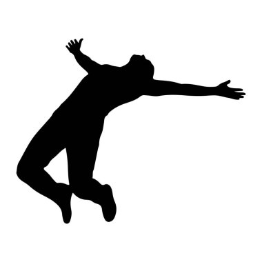 Bir kişinin siyah silueti, dinamik ve havada bir pozda yakalanır. Şekil, kollarını açmış, başını yukarı eğmiş bir şekilde arkaya yaslanmış, bir neşe ya da özgürlük hissi veriyor. Beyaz arkaplan üzerindeki katıksız karşıtlık şunu vurgular: