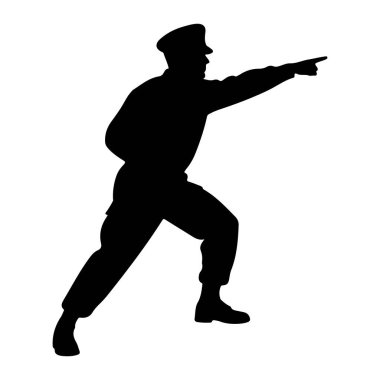 Üniforma ve şapka takan bir kişinin siyah silueti profil ile tasvir edilir. Şekil dinamik bir pozda, bir bacağı önde ve diğeri eğik. Sağ kolu öne doğru uzanıyor ve işaret parmağı net bir yönü işaret ediyor. Şey...