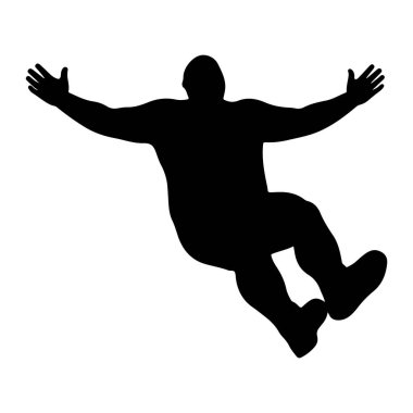 Düşüşün ortasında beyaz bir arka planda siyah bir siluet. Şekil, kolları açık ve bacakları bükülmüş şekilde tasvir edilmiş. Bu da dinamik ve dramatik bir iniş olduğunu gösteriyor. Silüet, şekil ve hareketi vurgulayan, net ve grafiksel..