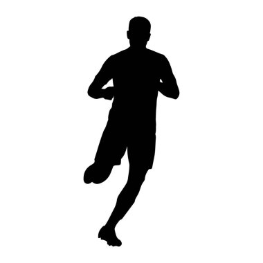Hareket halindeki bir erkek atletin siyah silueti, koşarken orta basamakta yakalandı. Şekil, dinamik duruşu ve atletik giyinen kişinin dış hatlarını vurgulayan düz beyaz bir arkaplan üzerine resmedilmiştir..