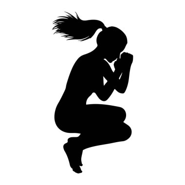 Cenin pozunu andıran kıvrımlı bir pozisyonda siyah bir siluet. Şeklin dizleri göğsüne doğru çekilmiştir ve başı eğilmiştir. Uzun saç yukarı doğru akarken tasvir edilir, hareket ya da hafif bir esinti gibi. Siluet çok net.