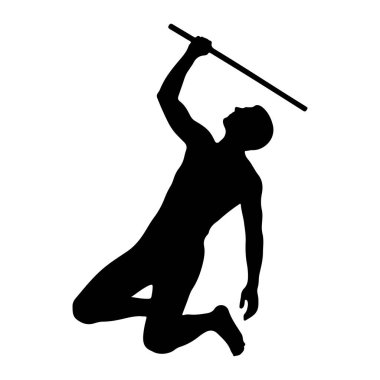 Bir erkek figürünün siyah silueti dinamik bir pozla çekilir, bir bacağının üzerine diz çökerek diğerini uzatır. Şekil, tek eliyle uzun, ince bir değneği ya da direği başının üstünde tutar. Siluet, düz beyaz bir arkaplana karşı katıdır.,