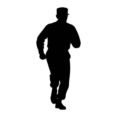 Şapka takan ve uzun kollu gömlek giyen bir kişinin siyah silueti koşarken orta basamakta yakalanır. Şekil, dinamik duruşu ve hareket duygusunu vurgulayan, saf beyaz bir arkaplana karşı tasvir edilmiştir. Ana hatları keskin ve kalın.