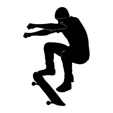 Kaykaylı bir kişinin siyah silueti havada bir numara yaparken yakalanır. Bu figür bir kask takıyor ve denge için kollarını açmış hareket ediyor gibi görünüyor. Kaykay ayaklarının altında açılıdır, tekerlekler görünür. Şey...