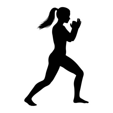 Hareketli ya da egzersiz yapan siyah bir kadın silueti. Saçları at kuyruğu şeklinde ve elleri yüzünün önünde kalkık duruyor. Vücudu bir bacağı önde, diğer bacağı arkada hareket halinde. Siluet...