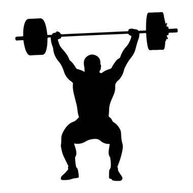 Üzerinde halter kaldıran kaslı birinin siyah silueti. Kişi kollarını tamamen yukarı doğru uzatarak çömelme pozisyonunda, halterin iki ucunu da ağırlıkla tutuyor. Arkaplan düz beyaz.