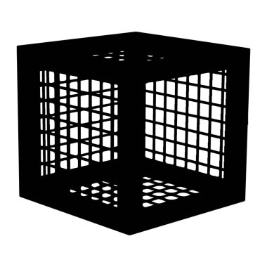 Beyaz arka planda siyah bir kablo küpü tasvir edilir. Küp, kesişen çizgiler ve dikdörtgen açıklıklardan oluşan ızgara benzeri bir şablona sahip açık kenarlara sahiptir. Yapı, üç boyutlu formunu ve hol açısını ortaya çıkaran bir açıdan görülüyor.