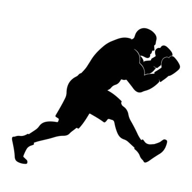 Bir boksörün siyah silueti dinamik bir duruşta, hareketin ortasında. Bu figür, boks eldiveni ve şort giyen kaslı bir yapıyla tasvir ediliyor. Poz, düz beyaz bir zemine karşı bir hareketi, muhtemelen bir yumruğu ya da savunma duruşunu gösteriyor. Katı.