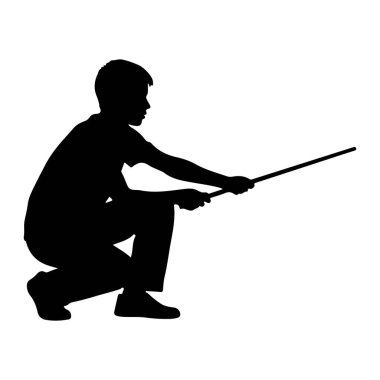 Genç bir çocuğun siyah bir siluetinin çömeldiği görülüyor. Önünde iki eliyle yatay olarak uzun, ince bir çubuk ya da çubuk tutuyor. Arkaplan düz beyaz.