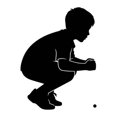 Genç bir çocuğun siyah silueti yere çömelmiş şekilde tasvir edilir. O, elleri önünde birbirine kenetlenmiş bir tişört ve şort giyiyor. Bakışları, beyaz arka plandaki küçük siyah bir noktaya doğru eğik,