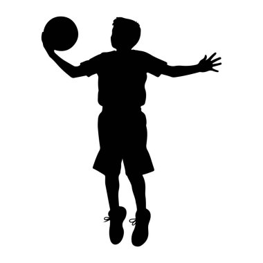 Genç bir çocuğun siyah silueti, sağ elinde bir basketbol topuyla havada zıplarken yakalanır. Şort ve tişört giyiyor, ve kolları da açık. Görüntü beyaz bir arkaplanda izole edilmiş, dinamik duruşu vurguluyor