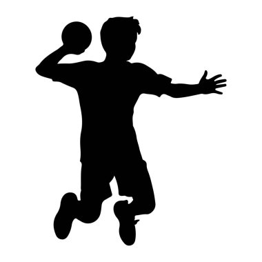 Havada zıplayan ve hentbol atan genç bir erkek atletin silüeti. Şekil düz beyaz bir arkaplanda tasvir edilir. Sporcu şort ve tişört giyiyor, bir kolu topa atmak için kalkıyor ve diğeri de uzanıyor.