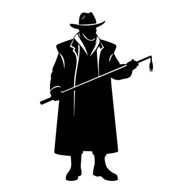 Şapkalı ve uzun trençkotlu siyah bir kovboy silueti sağ elinde kırbaç tutuyor. Kırbacın ucu yıpranmış. Şekil beyaz bir arkaplanda izole edilmiştir..
